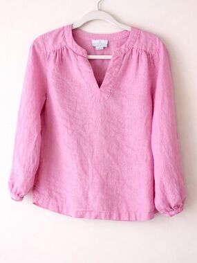 Halston Pink Linen Blouse Size Small 100% Linen V-Neck 3/4 Sleeve Top